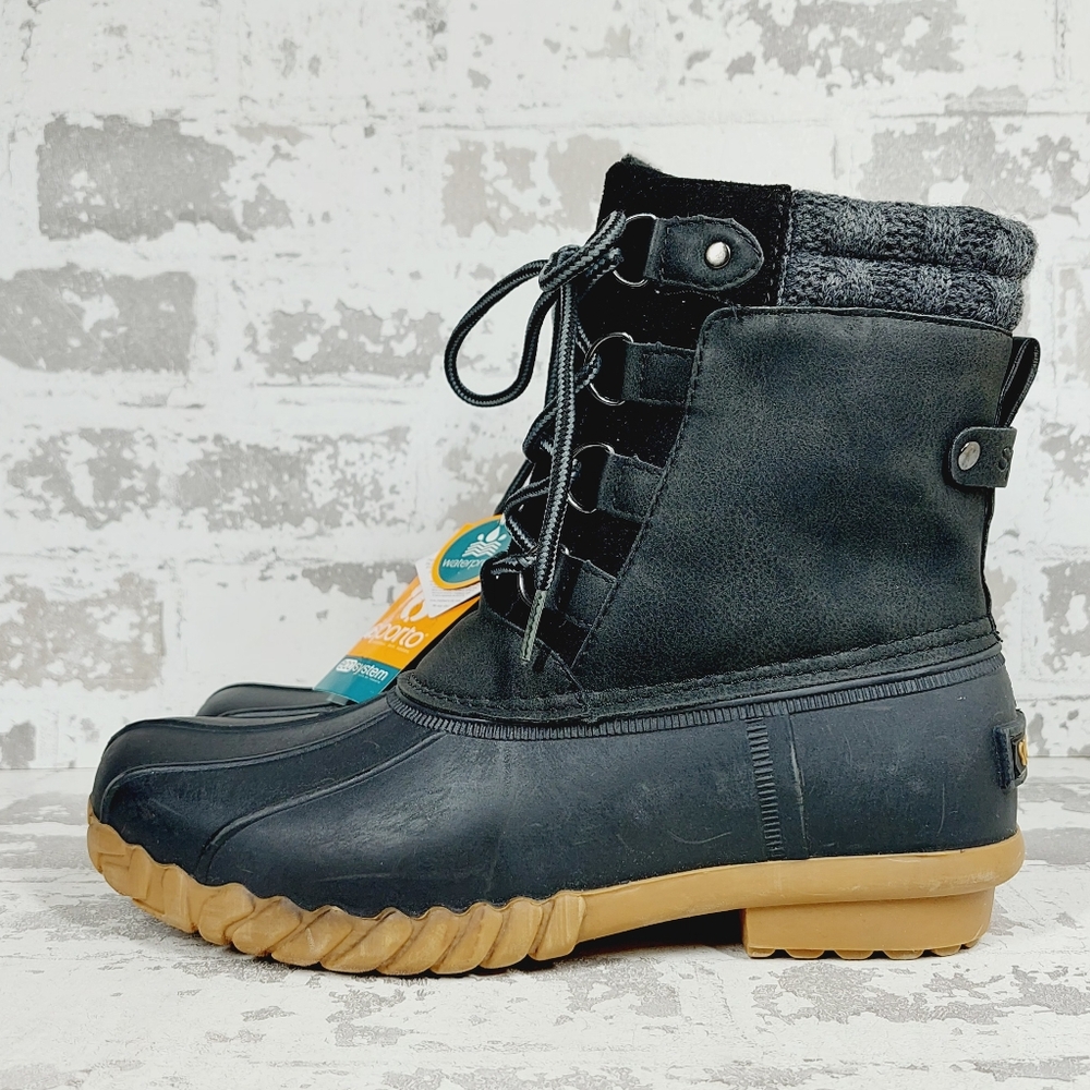 New Sporto Waterproof Duck Black Faux Fur Lace Up Rain Boot   M120